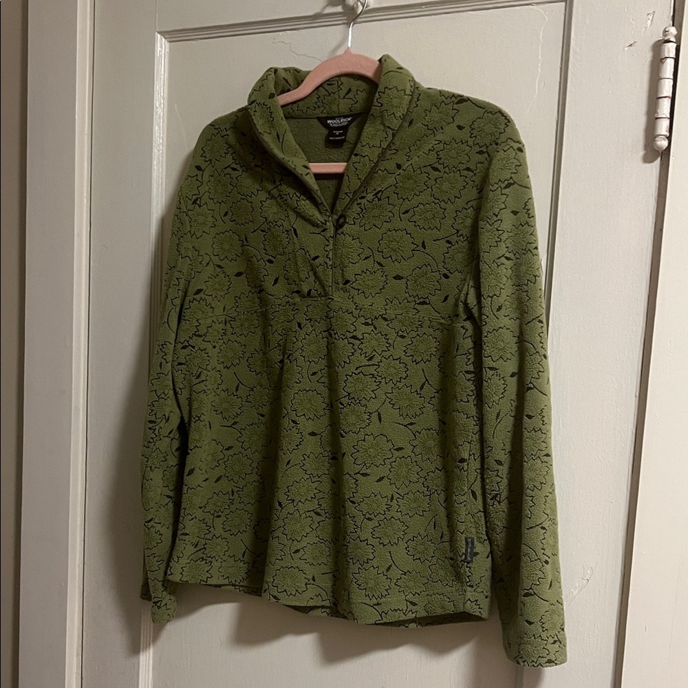 Woolrich Olive Leaf Pattern Fleece Shawl Collar Pullover